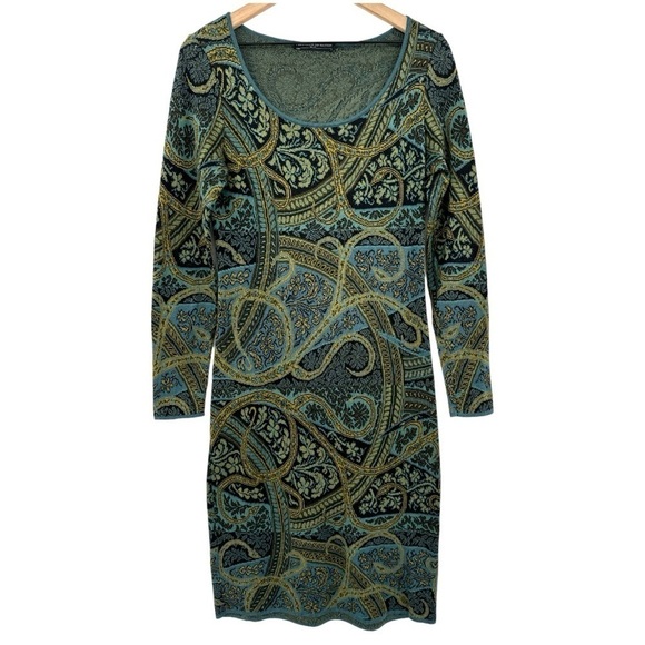Peruvian Connection Kashmiri Paisley Jacquard Knit Sweater Dress - Green - Small - Picture 2 of 9